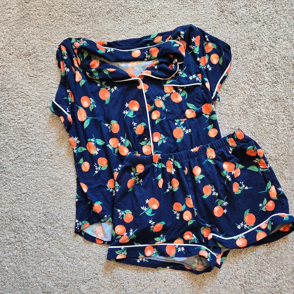 Joyspun Navy Orange Print Pajama Set Short Sleeve Button Up Shorts Womens Medium